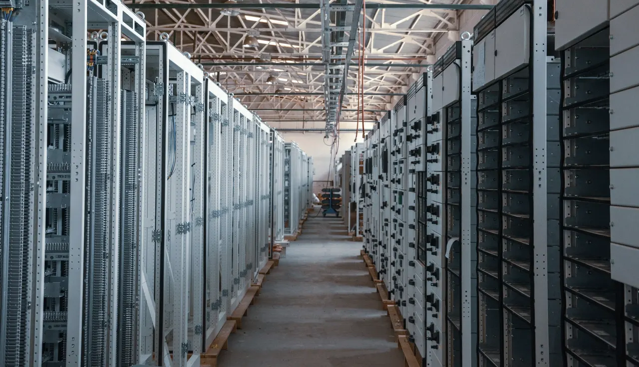 A long aisle between grey equipment cabinets, deep focus, lit from above