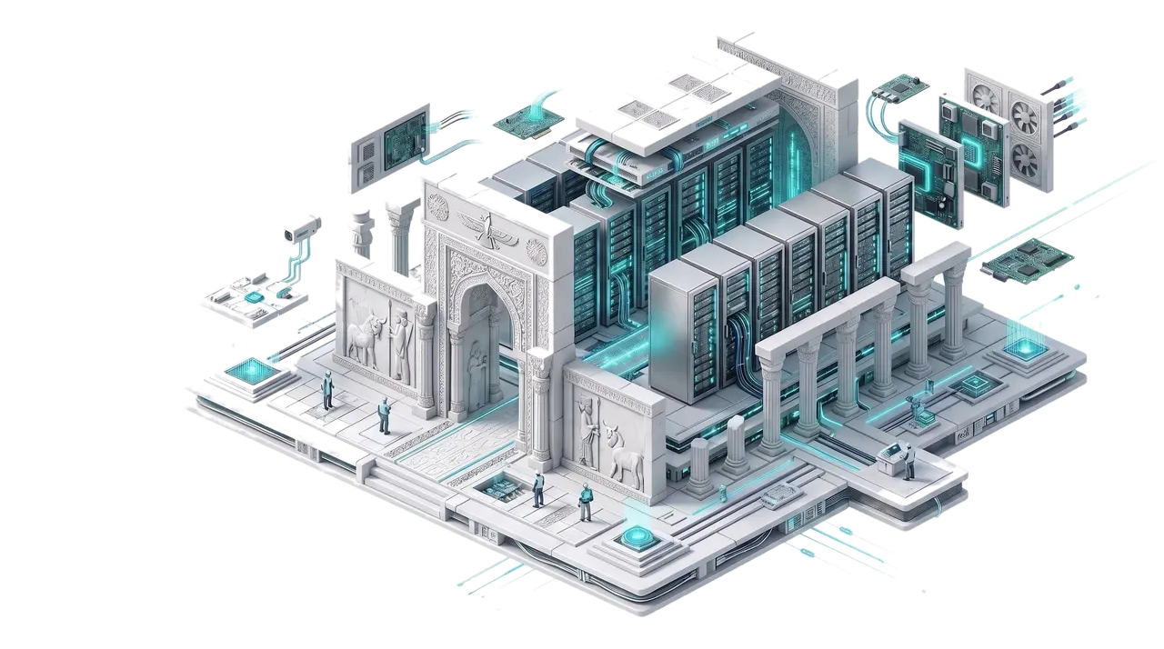 White isometric diorama of a Persepolis-style carved gateway and columns built around a row of server cabinets, blue light along the racks, tiny technicians on the platform