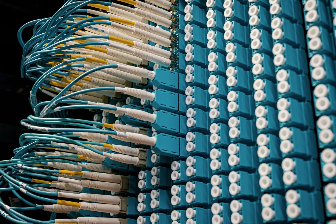 Dozens of LC fibre patch leads plugged into a dense patch panel, in teal and white