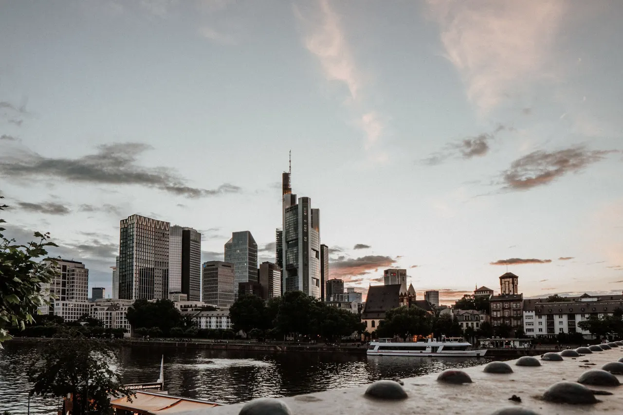 Frankfurt's banking-district skyline across the river Main at dusk