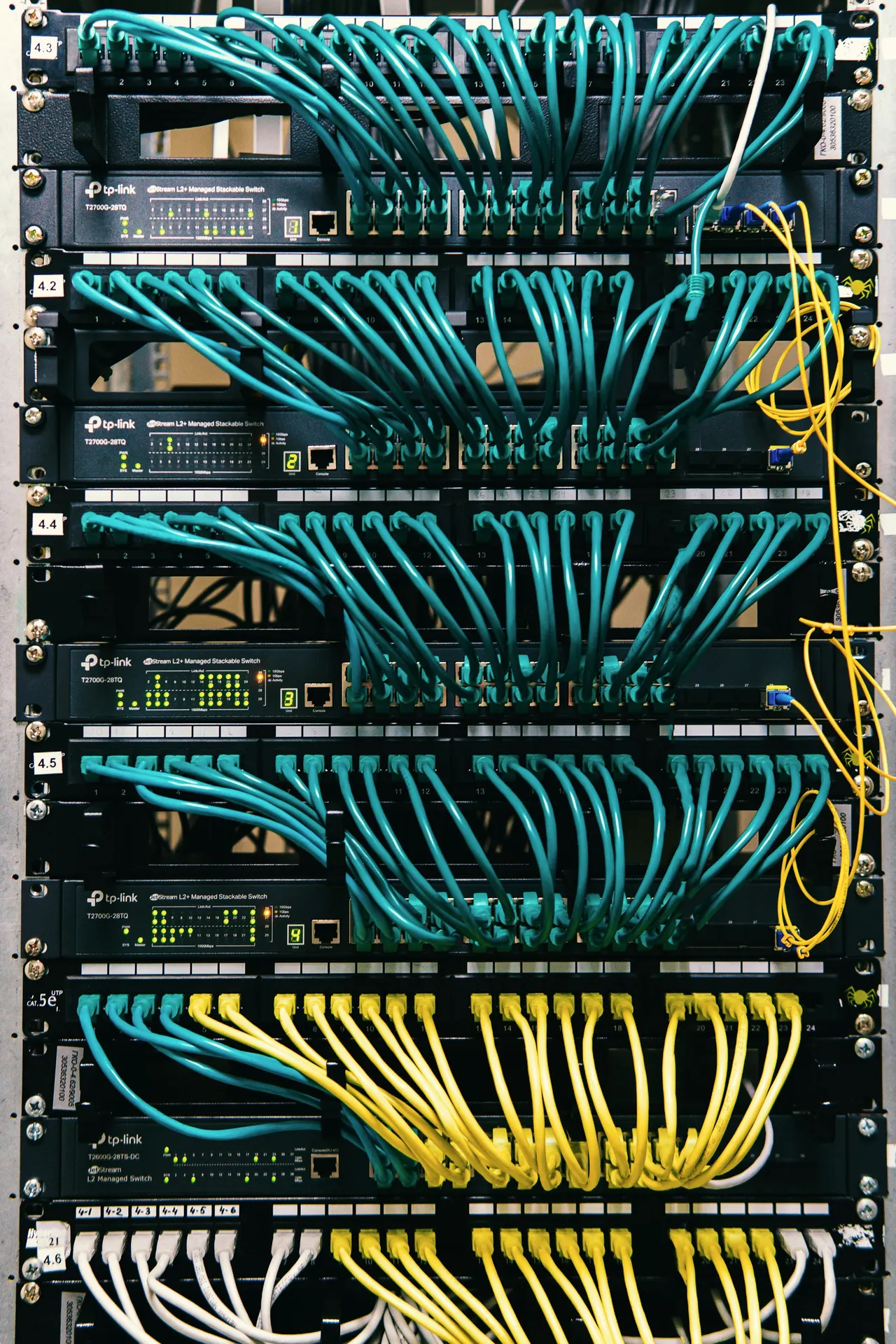 A rack of network switches with neatly dressed teal and yellow patch leads